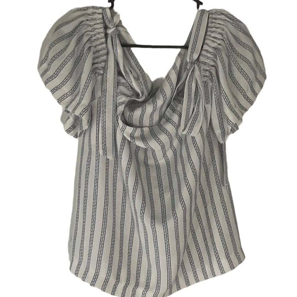 Mono B Women's  Medium White Cold Shoulder Tie‎ Striped Blouse Cottage Coastal